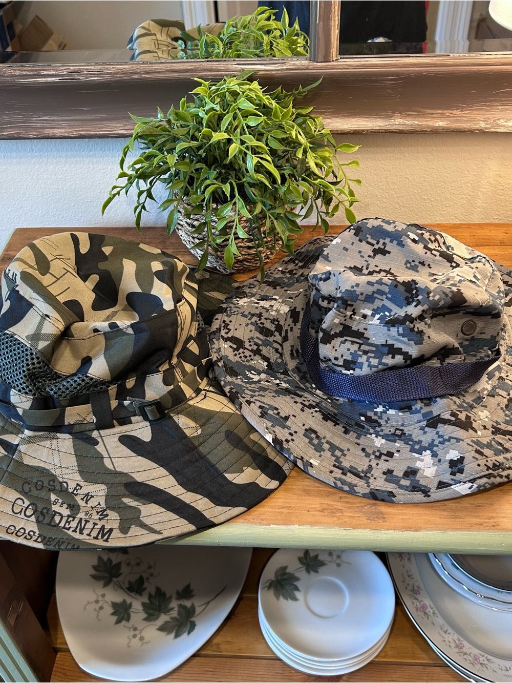 2pc Camo Boonie Hat Lot Cosdenim Woodland & Digital Gray Fishing Sun Bucket Hats
